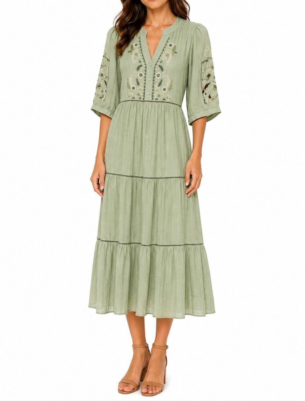 Fig & Flower Tiered Embroidered Midi Boho Dress